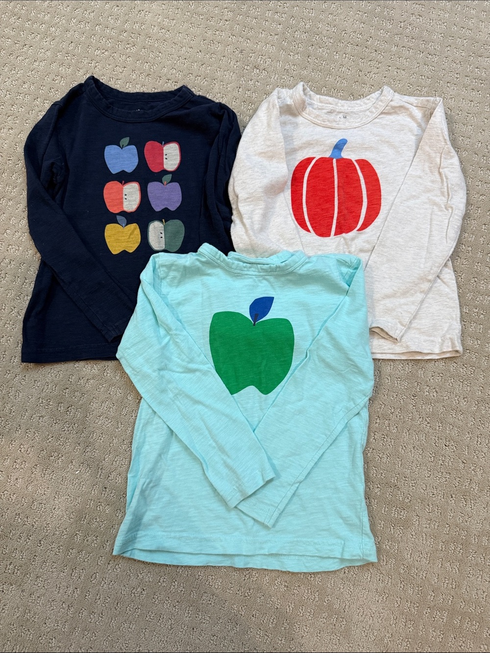 Primary Kids Long-Sleeve Apple & Pumpkin Graphic Tees- Blue, Navy, Light Teal